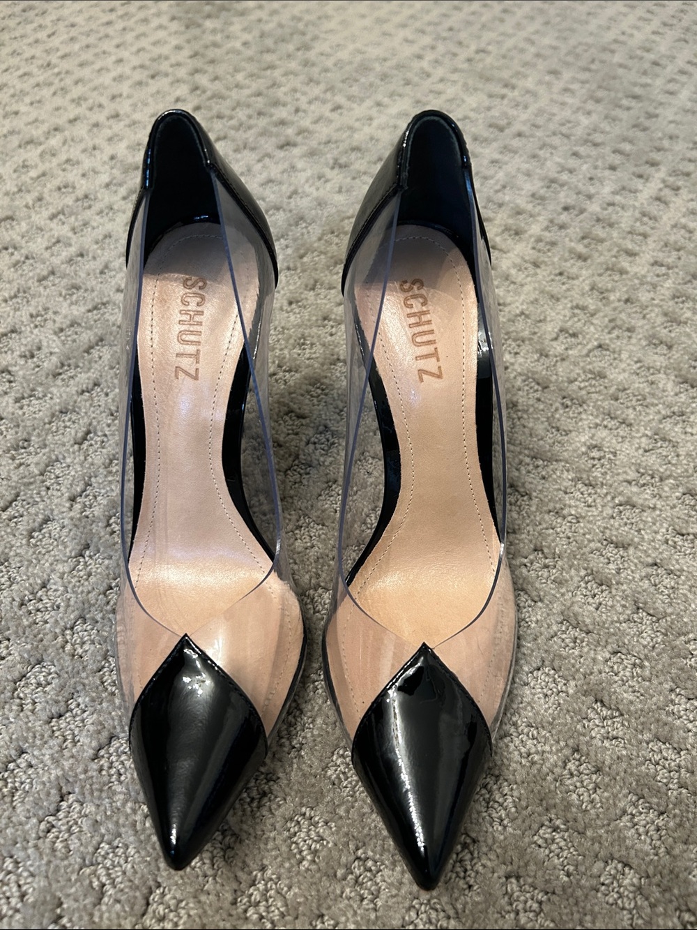 SCHUTZ Black Patent Pointed Toe Pumps with Clear Panels